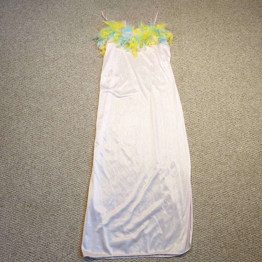 Vintage Triangle Lingerie Slip Dress Medium Pink Feathers Satin Pastel Glam